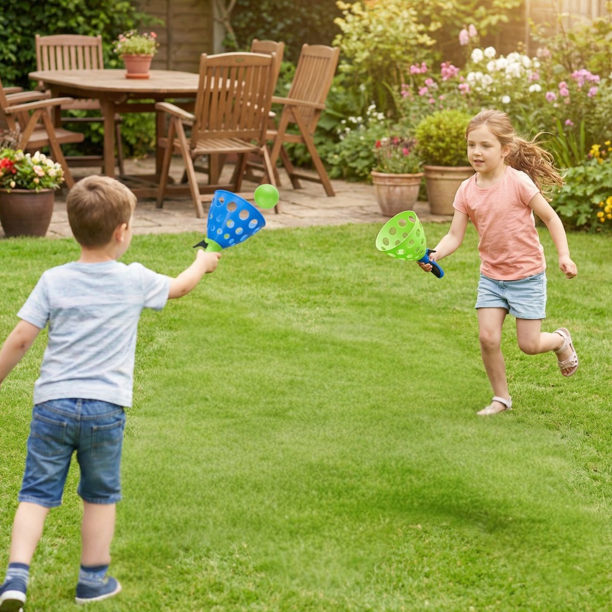 Eddy Toys Shoot & Catch Ball Set 2x - Schiet- en Vangspel met 2 Lanceerders en 2 Ballen - Actief Buitenspeelgoed voor Kinderen - Blauw en Groen