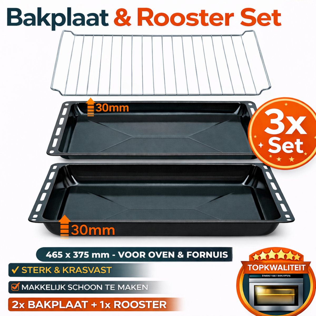 ICQN Oven Bakplaat Set - 3 Stuks - 2x Bakplaat en Rooster voor oven- 465x375x30 en 465x375 mm - Geëmailleerd