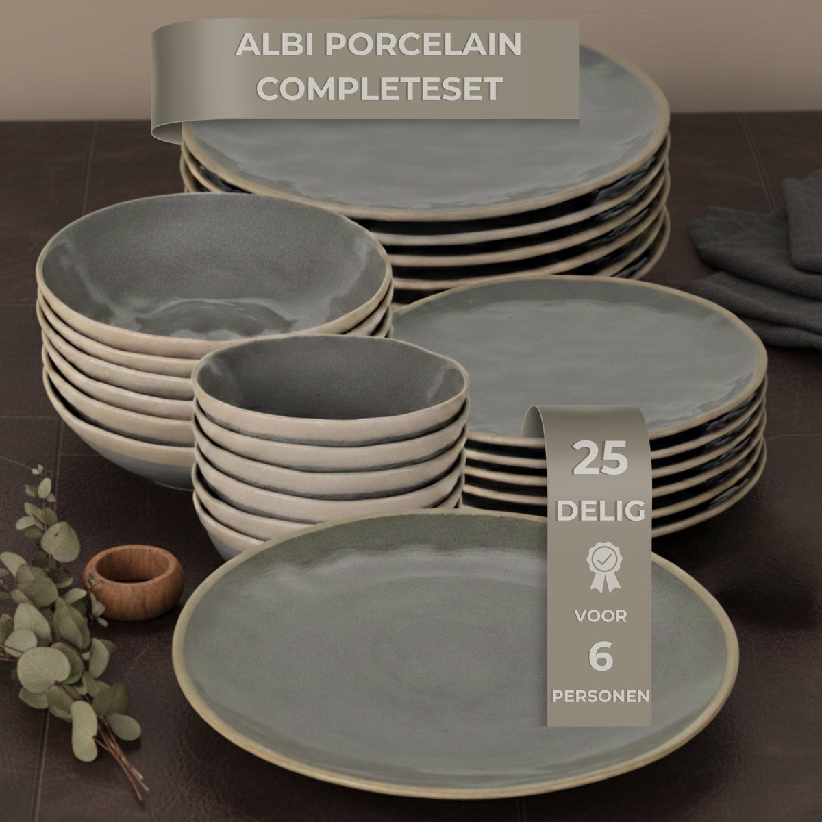 OZ Home Bricard Albi Serviesset 25-delig Porselein - 6 Personen - Groen-grijs (salie) met Beige Rand - Stapelbaar - Vaatwasser-, Magnetron- en Ovenbestendig — afbeelding 1