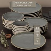 OZ Home Bricard Albi Service de Table 25 Pièces Porcelaine - 6 Personnes - Gris-vert (sauge) avec Bord Beige - Empilable - Résistant au Lave-vaisselle, au Four à Micro-ondes et au Four