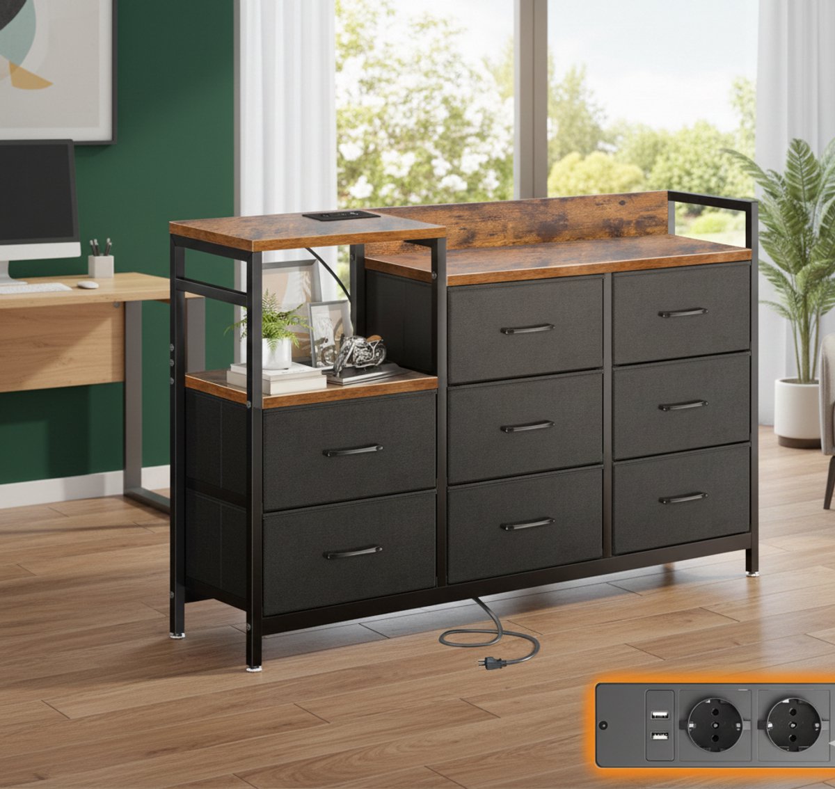 Luxe Multifunctionele Commode met 8 Laden, USB & AC-poorten – Opbergkast voor Slaapkamer en Woonkamer – Vintage Zwart Hout – 132 x 30 x 88 cm - House&Garden