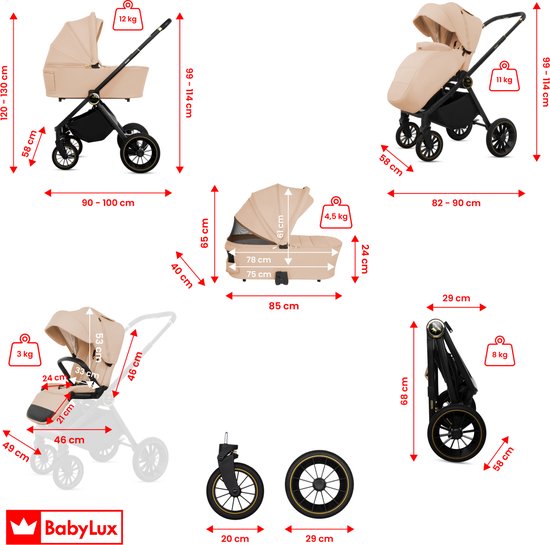 BabyLux® Kinderwagen 3in1 Set ROSSO, Opvouwbare Lichtgewicht Kinderwagenset Incl. Reiswieg, Buggy, I-Size Baby-Autostoeltje, Luiertas En Meer Accessoires, 4 Ligstanden, 0-22kg, Uv-Bescherming 50+ van BabyLux — afbeelding 4