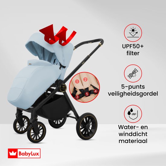 BabyLux® Kinderwagen 3in1 Set ROSSO, Opvouwbare Lichtgewicht Kinderwagenset Incl. Reiswieg, Buggy, I-Size Baby-Autostoeltje, Luiertas En Meer Accessoires, 4 Ligstanden, 0-22kg, Uv-Bescherming 50+ van BabyLux — afbeelding 5