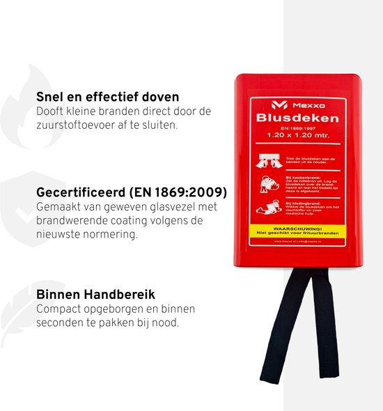 Rode Mexxo blusdeken in hardcase met instructies. Tekst: Snel en effectief doven, Gecertificeerd, Binnen handbereik.