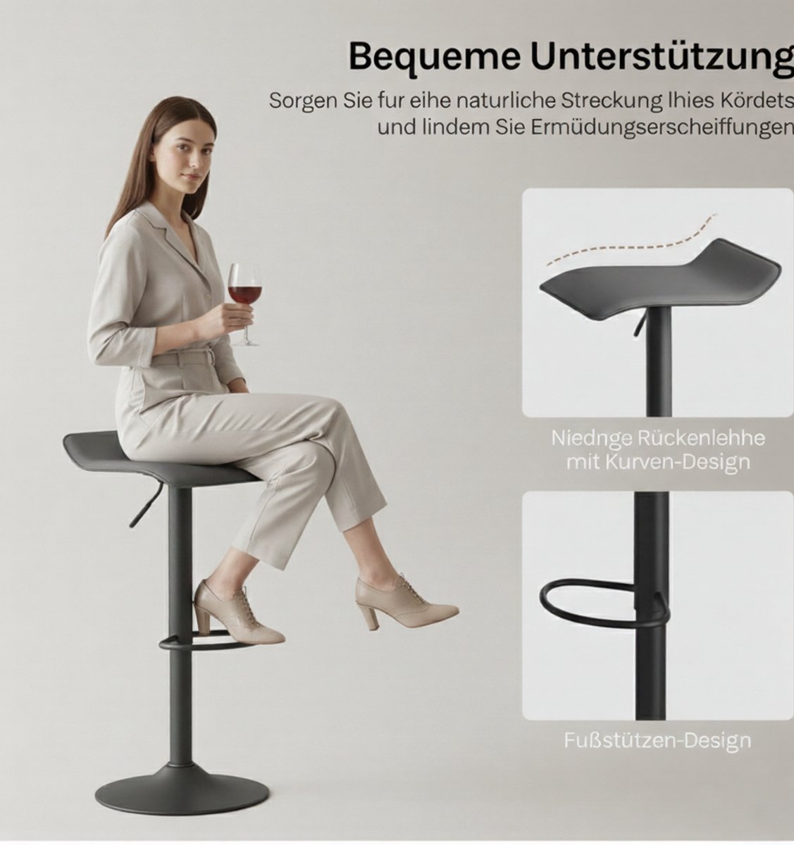 Verstelbare Barkrukken Set van 2 – House&Garden Modern 360° Draaibare Barstoelen – Hoogte 57,5–79 cm – Grijs Kunstleer – Zwart Metaal – Keukeneiland, Bar, Café en Bistro