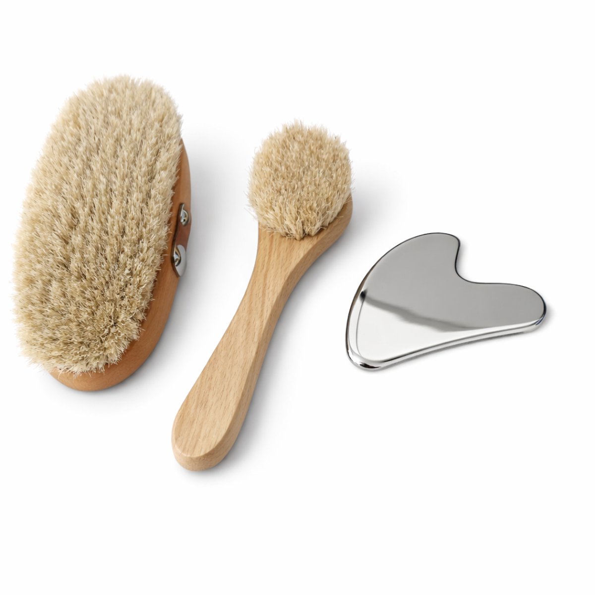 Droogborstel Set Lichaam & Gezicht + RVS Gua Sha – Natuurlijke Borstels (Paardenhaar) – Lymfedrainage, Cellulite & Huidverbetering – 3 Delig