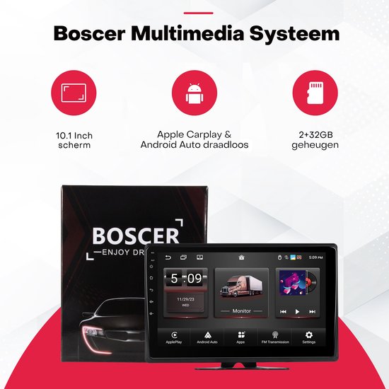 Boscer 10.1 Inch Android 4-Wegs Camera Monitor - 4x Waterproof IP68 Camera - Apple Carplay & Android Auto (Draadloos) - Android 13 - 2+32GB - WiFi, Bluetooth & Radio - Geschikt voor Camper, Auto & Vrachtwagen — afbeelding 2