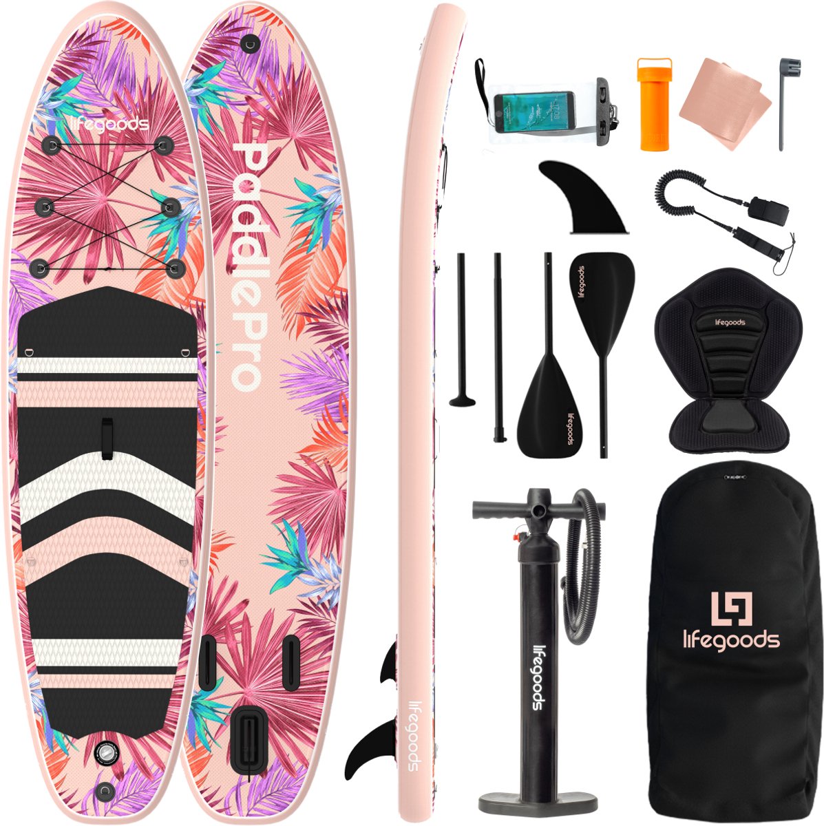 LifeGoods PaddlePro SUP Board - met Zitje - Opblaasbaar Paddle Board - Complete Set - Max. 150KG - 320x81cm - Tropical Roze