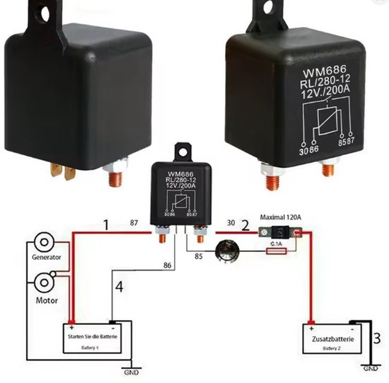 12V - 200A accu scheiding relais - camper relais- accu-scheidingsrelais 12v - Outboard Breda