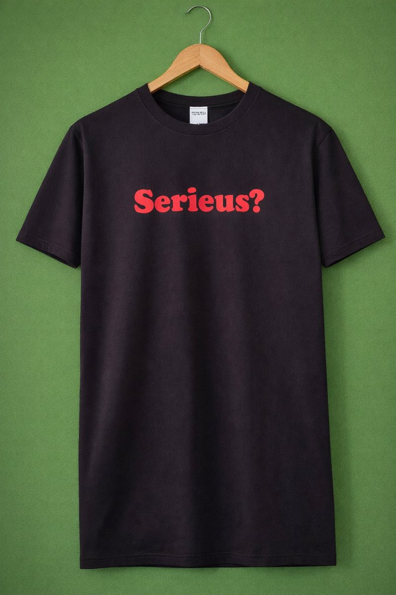 By Jes Funwear T-shirt unisex zwart met rode tekst "Serieus?"