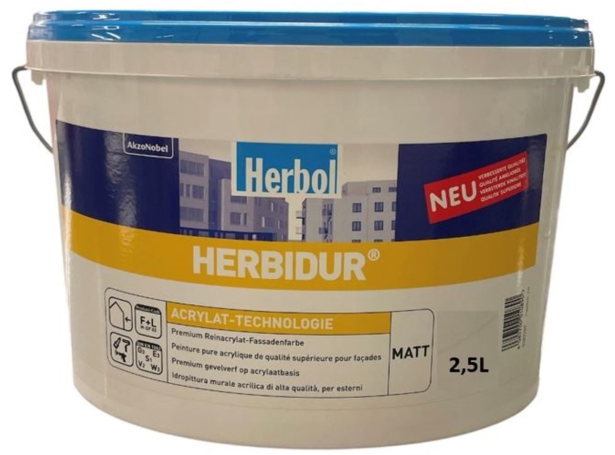 Herbol Herbidur Matt - Topkwaliteit matte gevelverf op waterbasis - 2.50 L - RAL 9010 Pure White ( gebrokenwit)