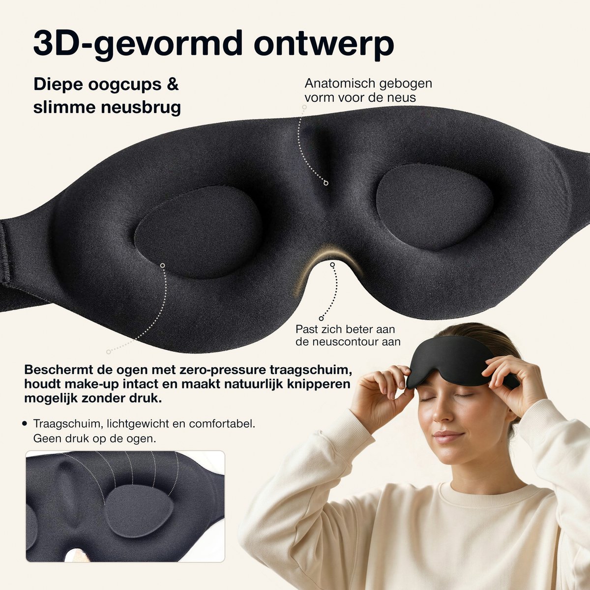 Holy Sleep Mask - Slaapmasker - Slaapmasker voor Zijslapers - 3D Slaapmasker - Slaapmasker voor Vrouwen & Mannen - Comfortabel Traagschuim - Zero Pressure Eye Mask - Zwart — afbeelding 3