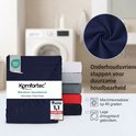 Verpakking donkerblauw microvezel hoeslaken van Komfortec, OEKO-TEX gecertificeerd. Wasbaar op 40 graden.