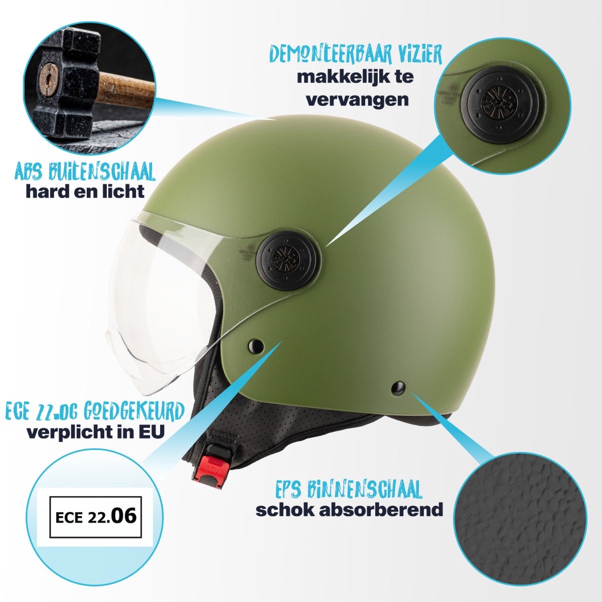 VINZ Duoro Jethelm met Vizier - Scooterhelm & Motorhelm & Brommerhelm - Lichtgewicht - Army Green - M – foto 3