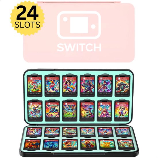 Roze Nintendo Switch-kaarthouder met "24 SLOTS"-sticker, vol met 24 spellen.