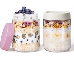 Overnight Oats Potten 2-Pack 500ml (16oz) – Havermout Container met Deksel – Voor Yoghurt, Salade, Jam & Pudding – Herbruikbare Opslag Potjes