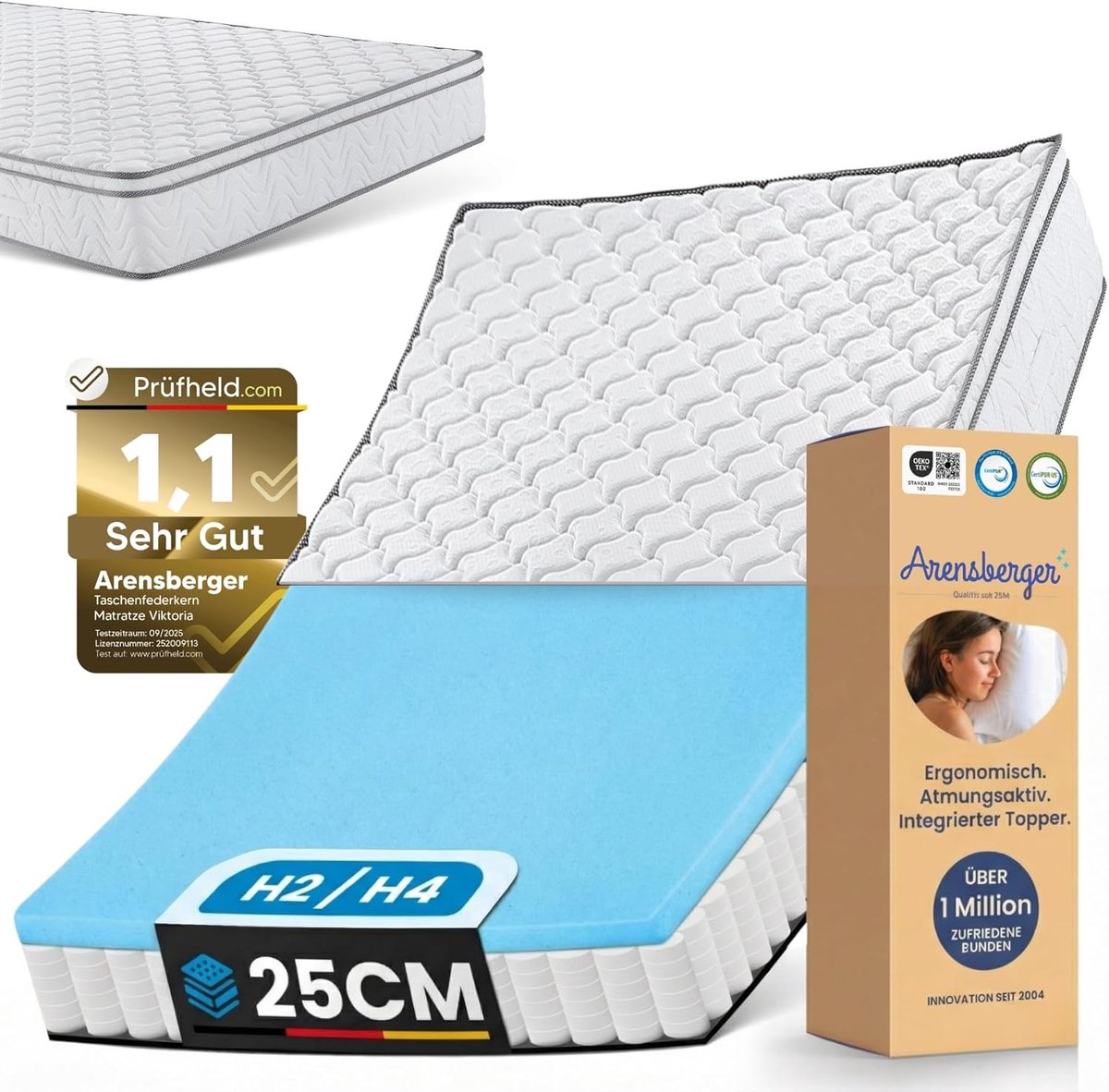 Arensberger matras 140 x 200 cm - VIKTORIA Pocketveringmatras – 140cm x 200cm x 25cm – 7-Zone, Geïntegreerde Topper, H2/H3/H4 Gemengde Hardheid, Hoge Puntelasticiteit