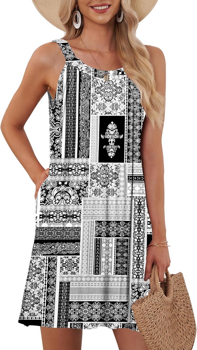 Dames Zomerjurk Mouwloos Halter Bohemian Strandjurk met Zakken