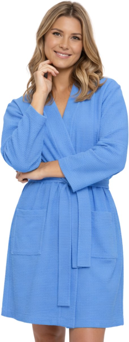 Kimono wafel badjas dames – lichtgewicht & sneldrogend - lavendelblauw - maat XL
