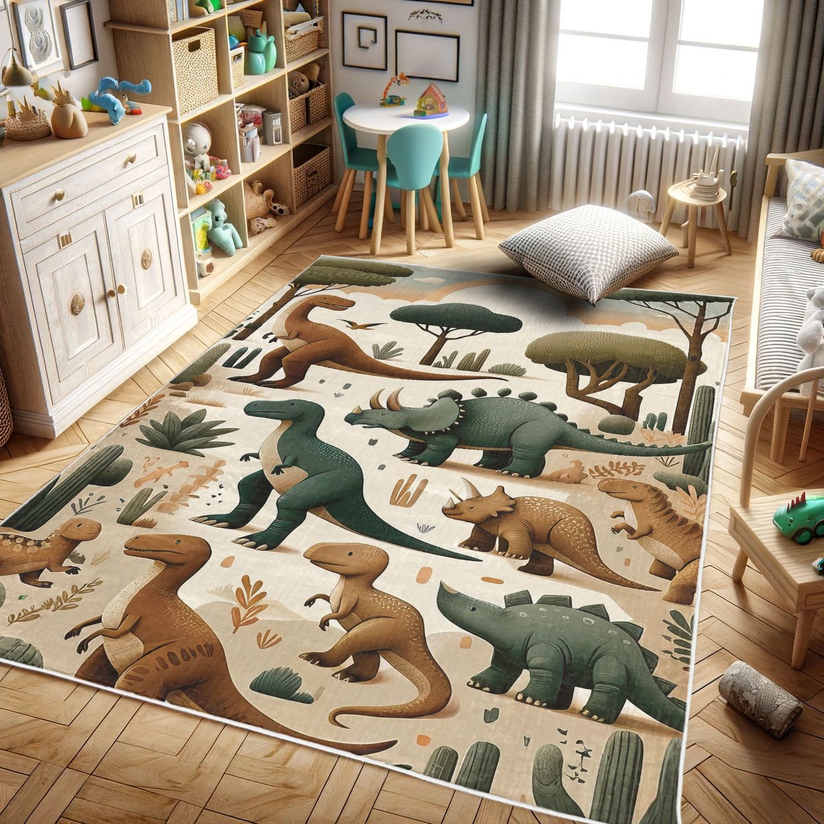 ABAKUHAUS Vloerkleed - Woonkamer Tapijt - dinosaurus – Hoogpolig – 69 x 114 cm – gember olijfgroen