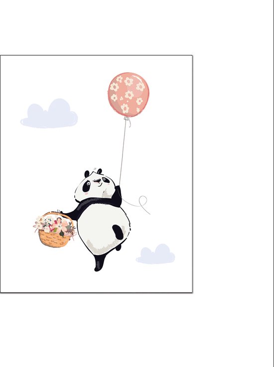 PosterDump - Panda met ballon en bloemenmand - Baby / kinderkamer poster - Dieren poster - 70x50cm
