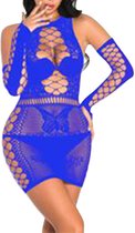 Dames Lingerie Stretch Sexy Mini Dress met mouwen - Kobalt blauw - one size (38-44)