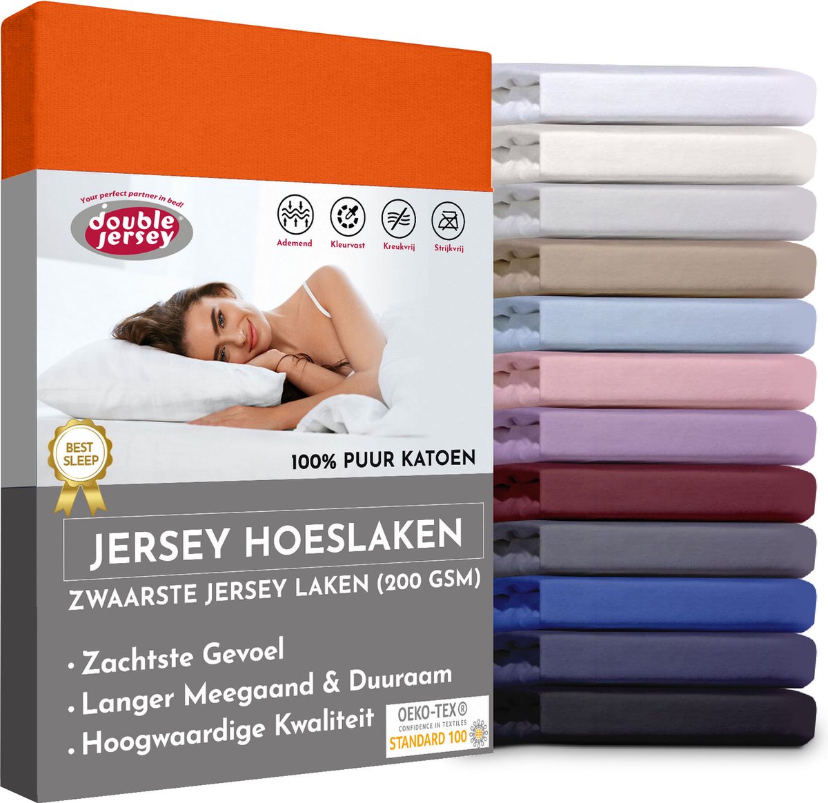 Double Jersey Hoeslaken - Hoeslaken 160x200+30 cm - 100% Katoen Oranje
