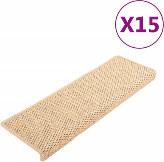 Een lichtbeige sisal-look trapmat met beige rand, met 'X15' in een cirkel.