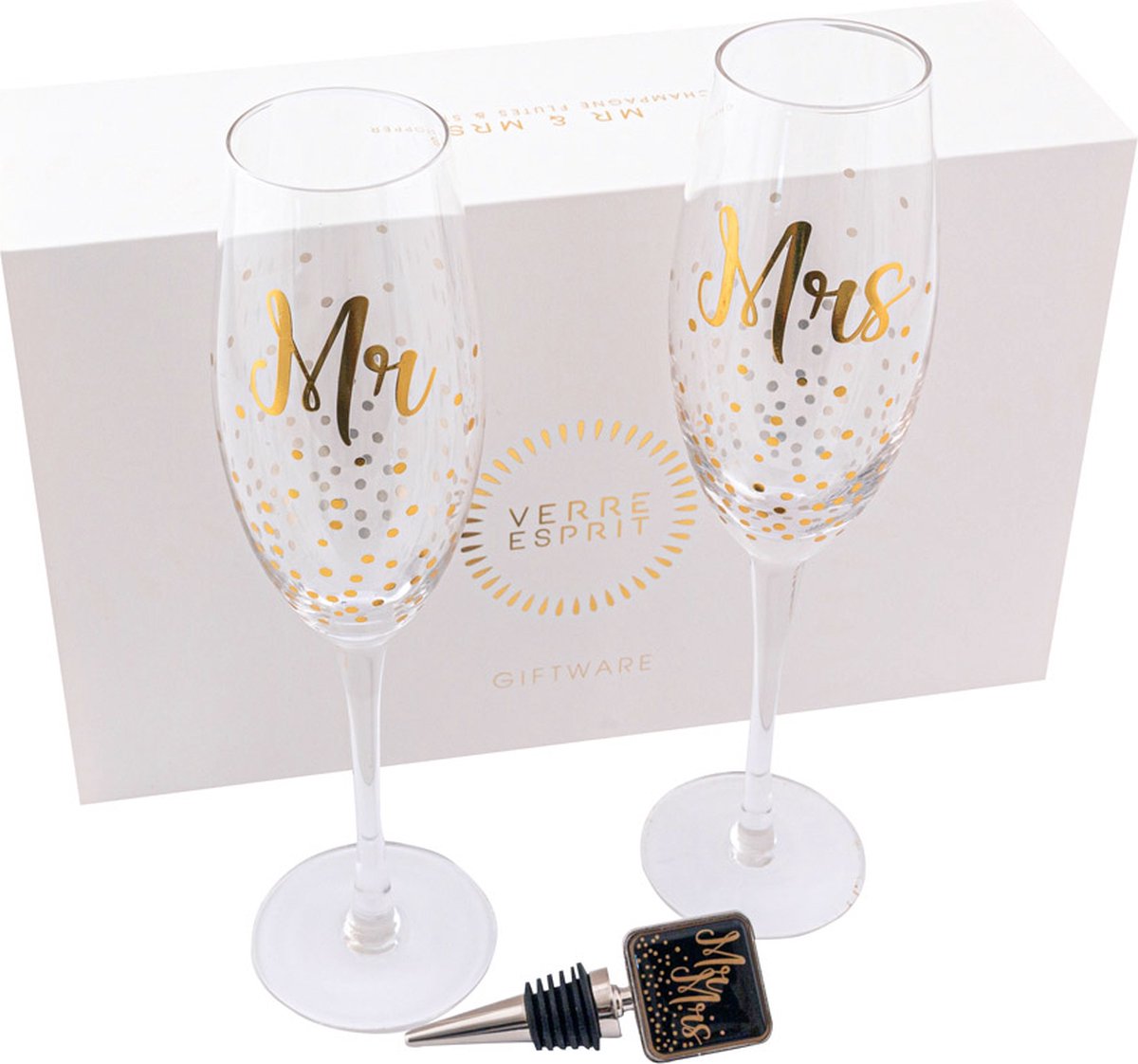 Mr en Mrs Champagneglazen – 230ml - Set van 2 - Kristalglas – Inclusief Geschenkdoos en Flessenstopper