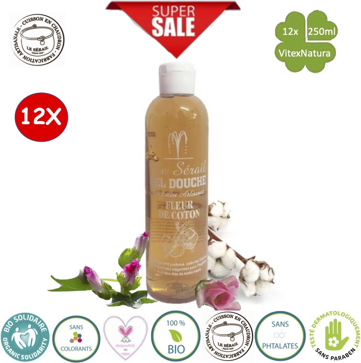 Goedkoopste Ambachtelijke pure Marseillezeep Douche en bad gel 12x250ml | Met katoenbloesem extract | Le Serail | Traditie sinds 1949