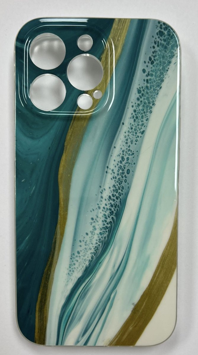 RNZV - IPHONE 12 PRO case - Iphone telefoonhoesje - Iphone 12 PRO - Glass marmerlook case - Luxe marmer glas hoesje - BLAUW
