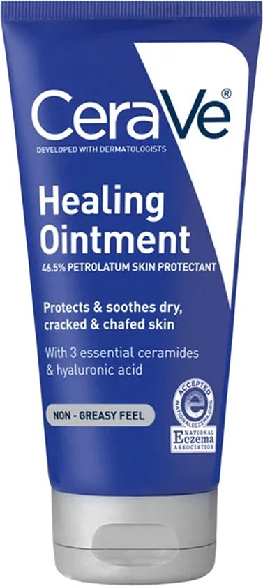Blauwe tube CeraVe Healing Ointment, met witte en blauwe letters, 46,5% petrolatum.