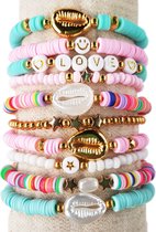Principessa Katsuki kralenpakket voor armbanden – Ibiza-mix, Roze en Turquoise – 4 mm Rocailles Roze en wit – Gouden kraaltjes – Kauri schelpen