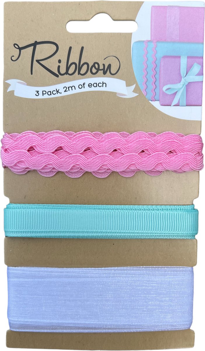 Cadeau Lint 3x 2 meter Roze, Groen, Wit