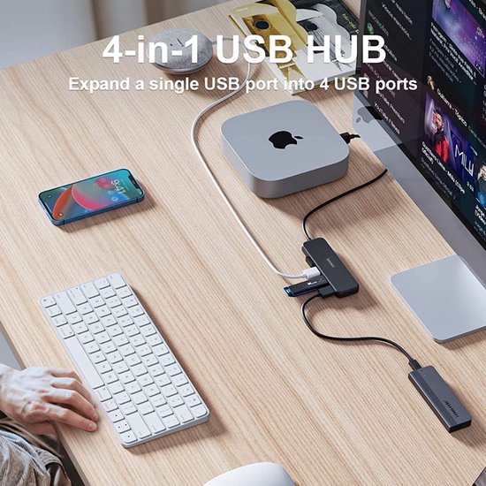 Sounix USB 3.0 Hub - USB Splitter - 4 extra USB 3.0 A Poorten - USB C Hub - Kabel van 60cm - 5 Gbps - Aluminium - Zwart