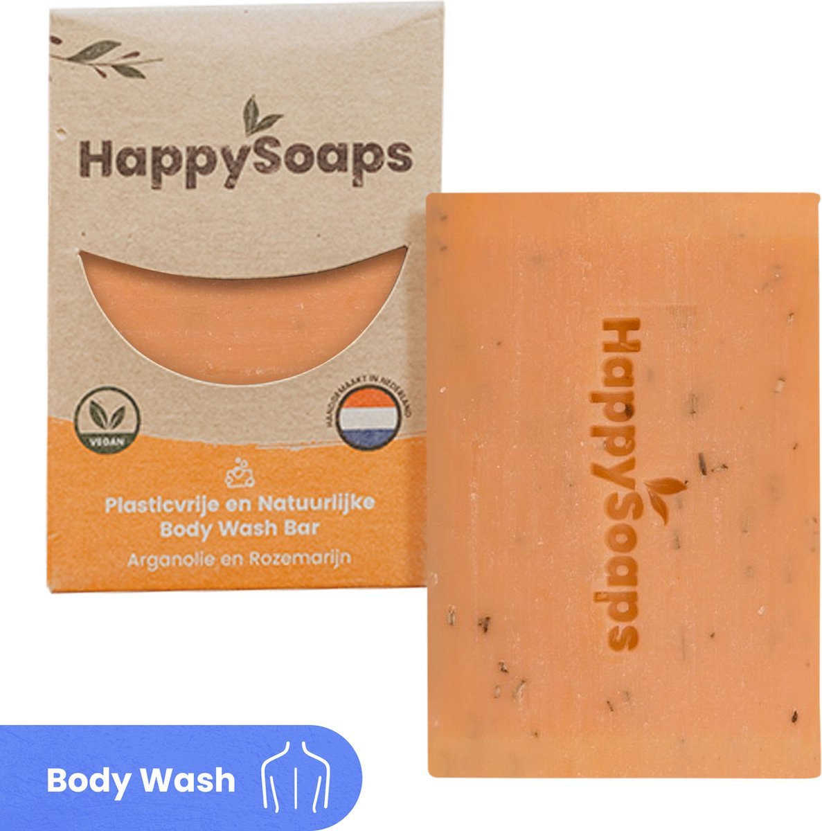 HappySoaps Body Wash Bar - Arganolie & Rozemarijn - Kruidig en Intens Geurend - 100% Plasticvrij, Vegan & Diervriendelijk - 100gr