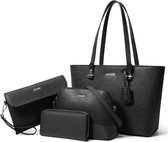 Dames Handtassen set 4 delig met schoudertas - Tote bag - Clutch en Portemonnee voor vrouwen Zwart