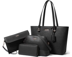 Dames Handtassen set 4 delig met schoudertas - Tote bag - Clutch en Portemonnee voor vrouwen Zwart