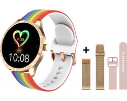 Belesy® BQSiRgRb PLUS - Smartwatch Dames – Smartwatch Heren - Horloge - 1.28 inch - Kleurenscherm - Stappenteller - Bloeddruk - Hartslag - 75+ Wijzerplaten – Sporten – Rose Goud - Milanees staal - Siliconen – Regenboog - Roze - Kerstcadeau