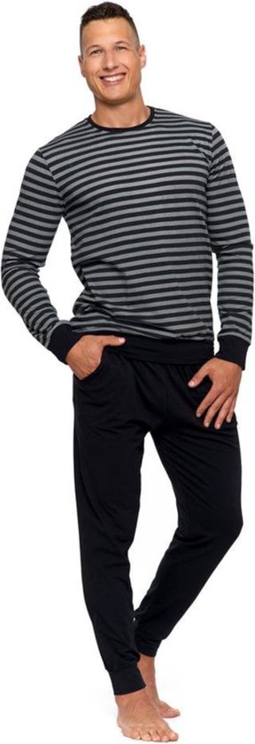 Pyjama voor heren met lange mouwen, zwart/grijs, katoen- korting- sale M