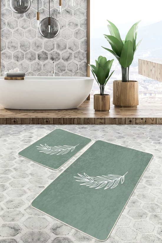 Badmat antislip 2 stuks set - 60x100 & 50x60 - Wc mat - Toiletmat - Onedraw blad op lichtgroen - Deurmat - De Groen Home - De Groen Home