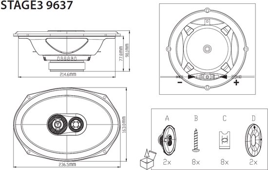 Technische tekening van JBL Stage3 9637 autospeaker met afmetingen en montagedetails.