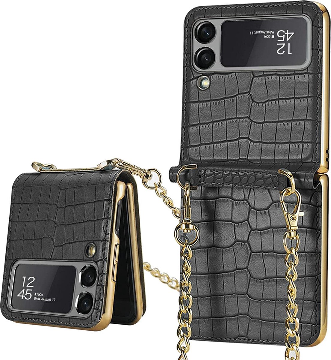 Samsung Galaxy Z Flip 3 5G - Magnetische Leather Ketting hoesje - Zwart