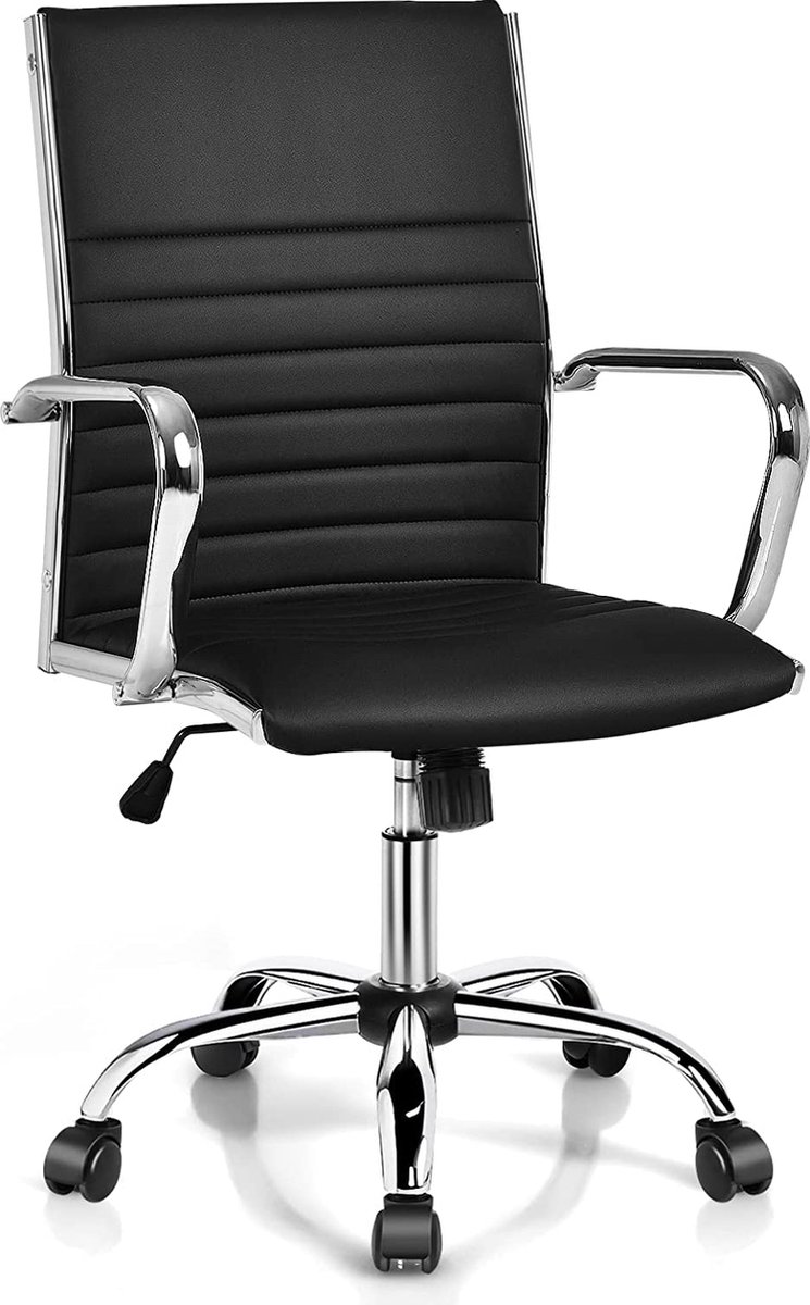 LIVINGSIGNS geribbelde bureaustoel met hoge rugleuning, draaibare PU-lederen conferentiestoel, ergonomische computerdraaistoel, in hoogte verstelbare bureaustoel met armleuning, schommelende rugleuning (zwart)