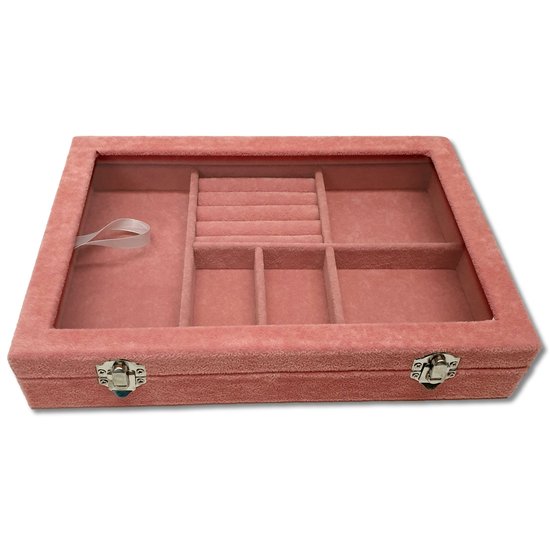 Ilènne - Boîte à bijoux M - Rose - 5 compartiments et porte-bagues - 28,5x20x5cm - couvercle en verre