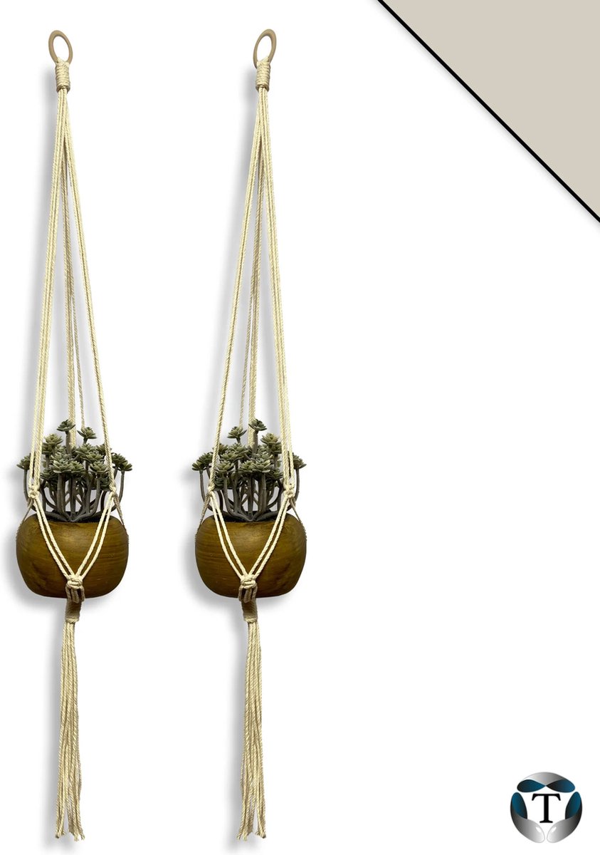 Luxe Plantenhangers | Beige | Set van 2 stuks | 100% Katoen | 100% Handgemaakt | Houten Ring | Macramé | Plantenpot Ophangen | Binnen & Buiten | Planten | TheOldOmen |