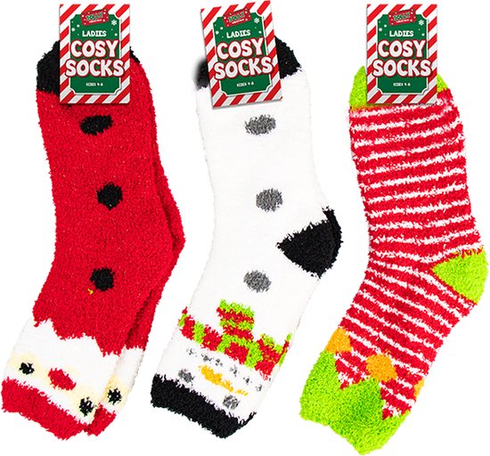 Kerst sokken - set van 3 paar fluffy sokken - wit/rood/groen - maat 37/42