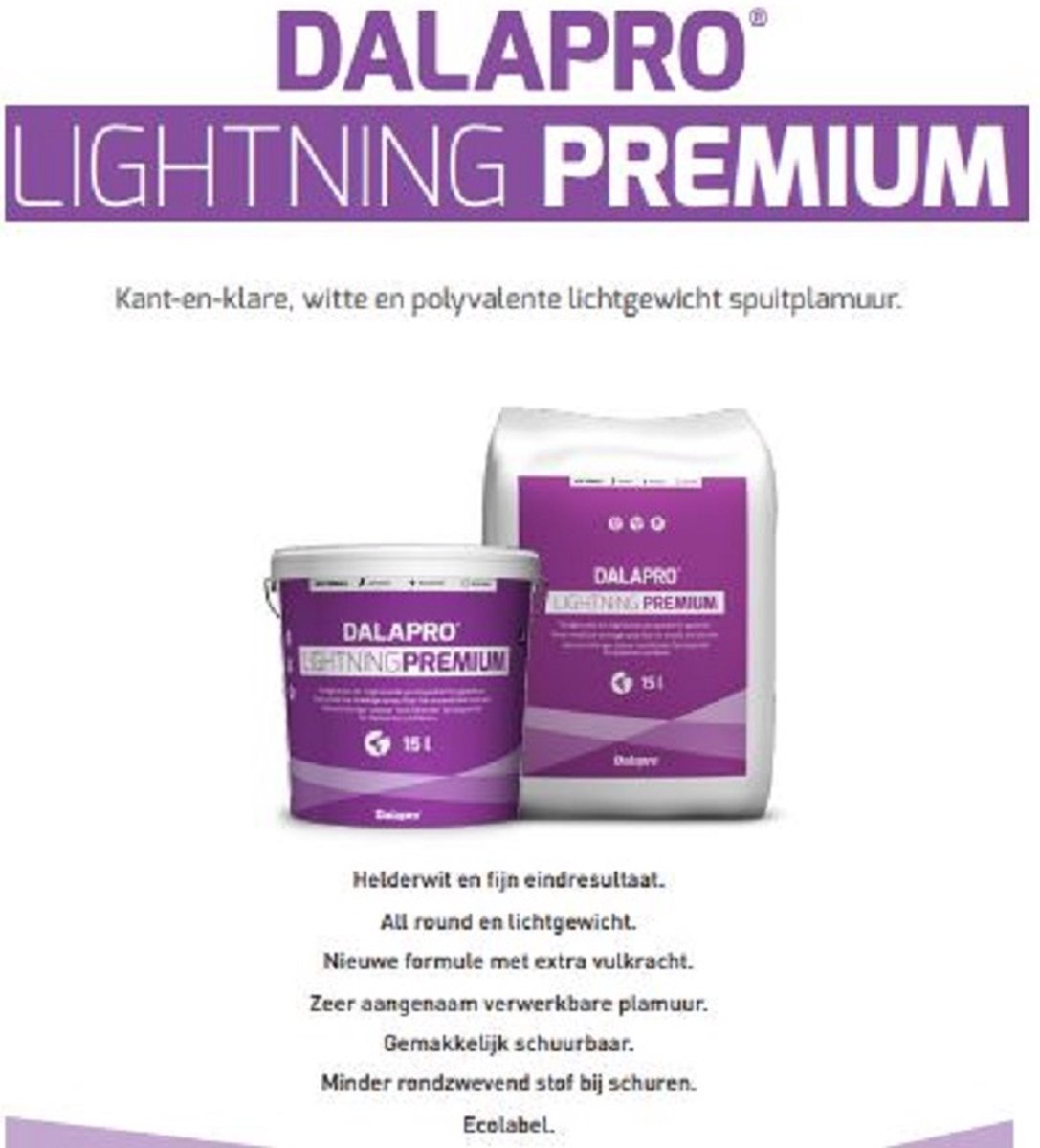 Dalapro lightning Premium - Kant en klare polyvalenter lichtgewicht spuitplamuur voor binnen - Emmer 15 L - Wit