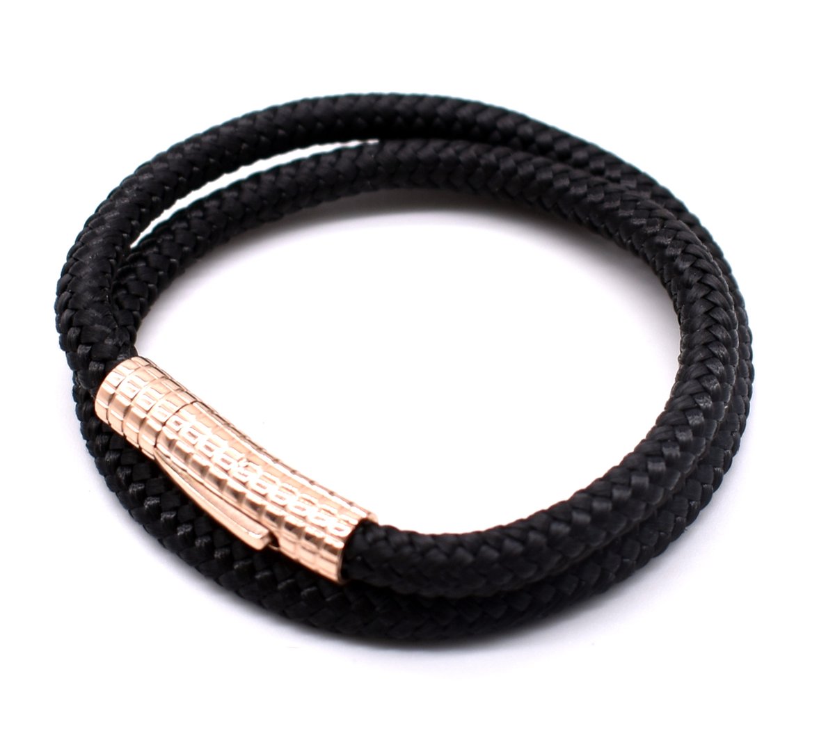 Armband zwart 19.5cm - Touwarmband met rosegoud hoogglans sluiting heren en dames - met Cadeauverpakking van Mauro Vinci