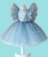 Baby jurk - feestjurk - kerstjurk - blauw- zilver- sterren - nette jurk - oud en nieuw kleding - - lange mouw - prinses - prinsessenjurk - tule - feest - baby - babyjurk - meisjes jurk - frozen - Anna- Elsa - maat 92